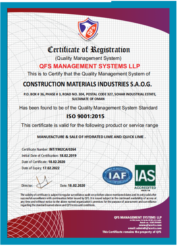 Certificate for Manufacture & Sale of Hydrated Lime and Quick Lime